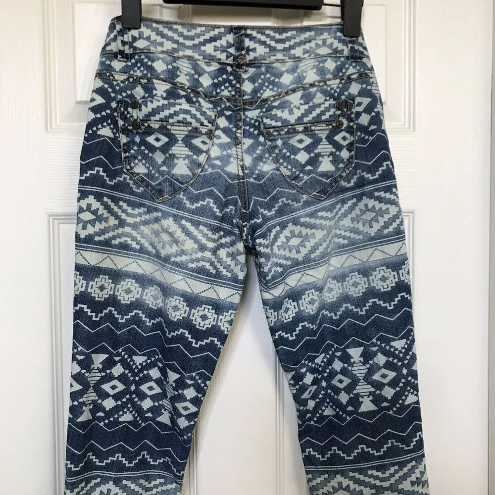 Hot Kiss Skinny Lily Blue White Aztec Pattern Jeans Size 1 Good Worn Condition - Picture 8 of 11